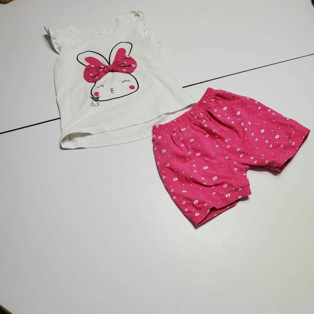 Girls Top And Shorts Set Pink White Floral Rabbit Print Bow Cap Sleeve XL